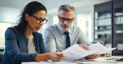 Two financial professionals reviewing and discussing documents in an office.